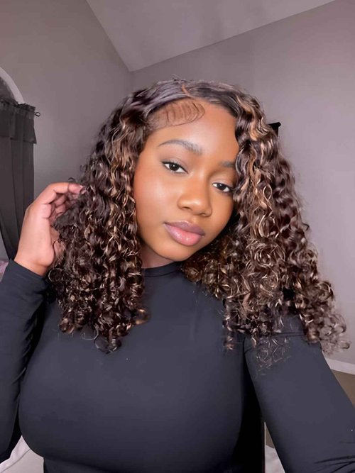 ISEE Hair Highlight Glueless Bob Wigs Human Hair Pre Plucked Pre Cut 2/30 Honey Blonde Curly Human Hair Wig for Black Women Ombre Water Wave 5x7 HD Lace Closure Wigs with Elastic Band 14 Inch
