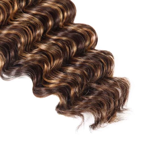 Dokksiiia 26 28 30 Inch Ombre P4/27 Deep Wave Human Hair Bundles Highlight Piano Color Dark Brown and Honey Blonde Bundles Brazilian Human Hair Sew-In Weave Extensions Soft & Thick