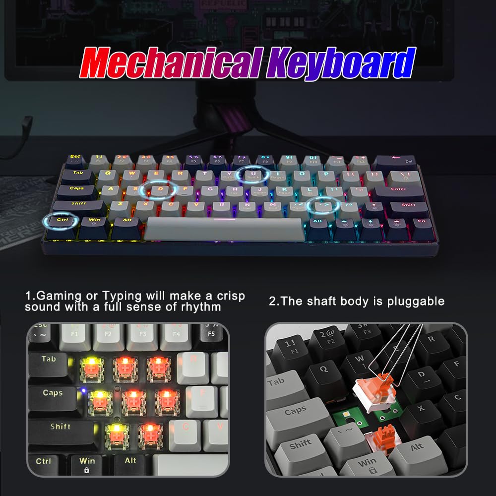 abucow Mechanical Keyboard Wired 60% Gaming Keyboard with Colorful Backlit Custom 63 Swappable keycaps (Gray-Black)