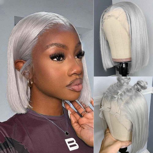 Silver Grey 13x4 Lace Front Bob Wig Brazilian Virgin Human Hair Wig Pre Plucked Hairline with Baby Hair UHD Transparent Lace Natural Looking Bleach Knots Glueless Wigs for Women 180% Density 10 Inch