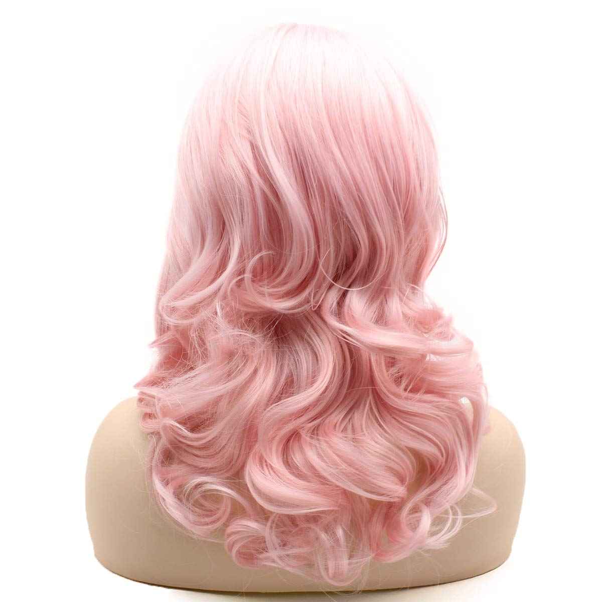 Meiyite Hair Wavy Shoulder Length 16inch Pink Heavy Density Heat Friendly Synthetic Lace Front Wigs