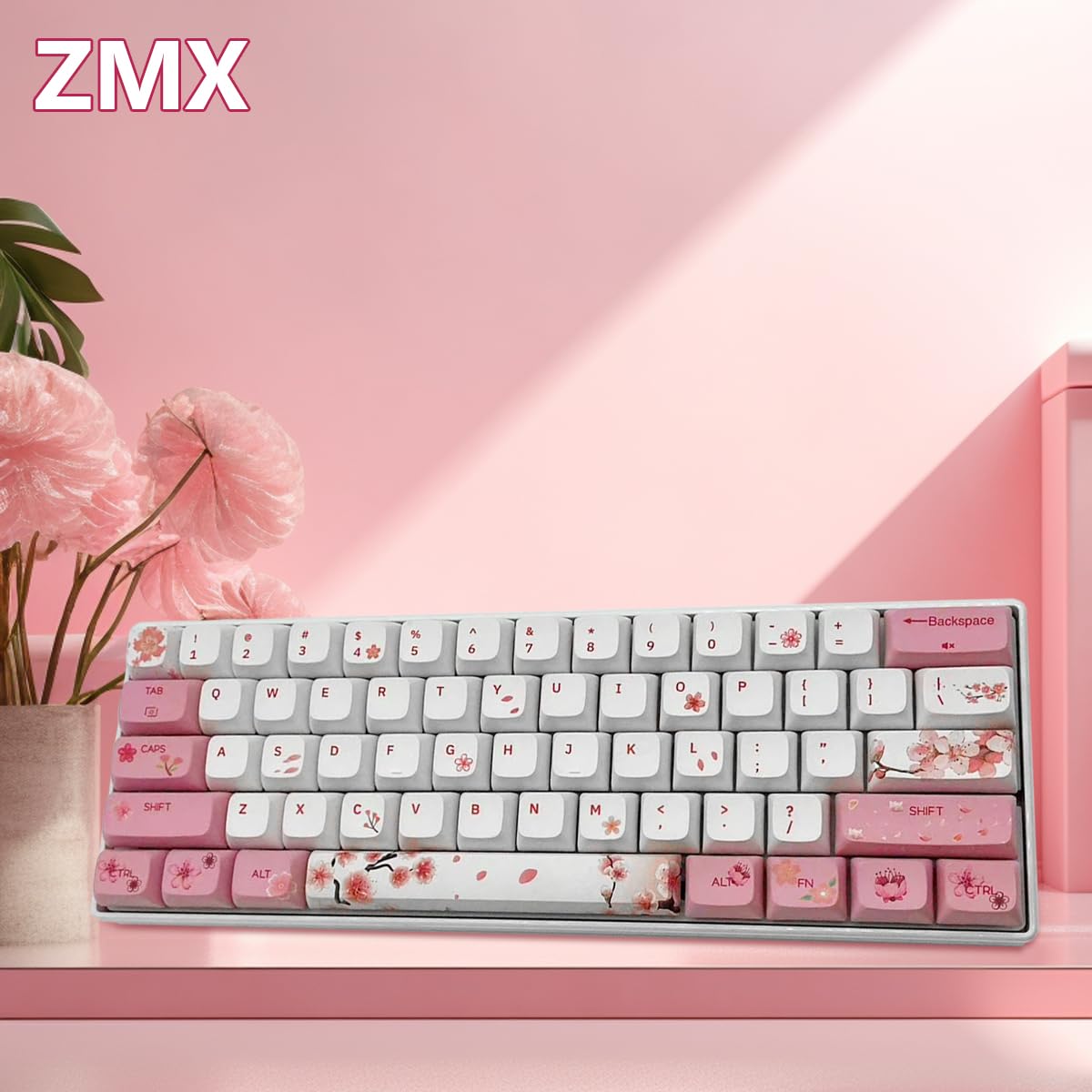 ZMX Cherry Blossom Pink and White Keyboard,60% Wired Hot Swappable RGB Backlit Mechanical Gaming Keyboard Mini 61 Keys XDA Profile Cute PBT Keycaps for Office PC/Mac Gamer (OUTEMU-Brown Switch)