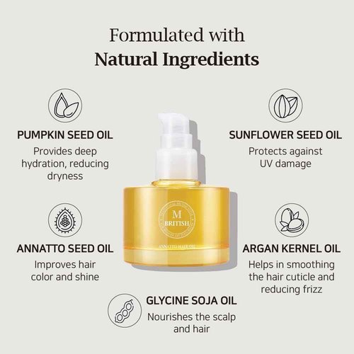 BRITISH M Annatto Hair Oil 4.73 fl. oz – Frizz-Free Shine, Deep Hydration, Natural Vegan Formula, UV Protection, Salon-Quality for All Hair Types