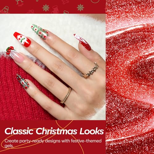 Modelones Christmas Gel Nail Polish Set, 6 Colors 2025 Winter White Red Dark Green 9D Cat Eye Gel Polish Gold Stars Ornament Glitter Nail Polish with Stickers & Magnet & Wooden Stick LED Mani DIY Gift