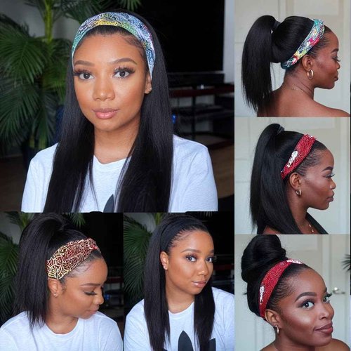 Unvizossa Headband Wig Straight Human Hair Wigs for Black Women Glueless None Lace Front Human Hair Brazilian Virgin Hair Machine Made Headband Wigs 150% Density Natural Color 24 Inch