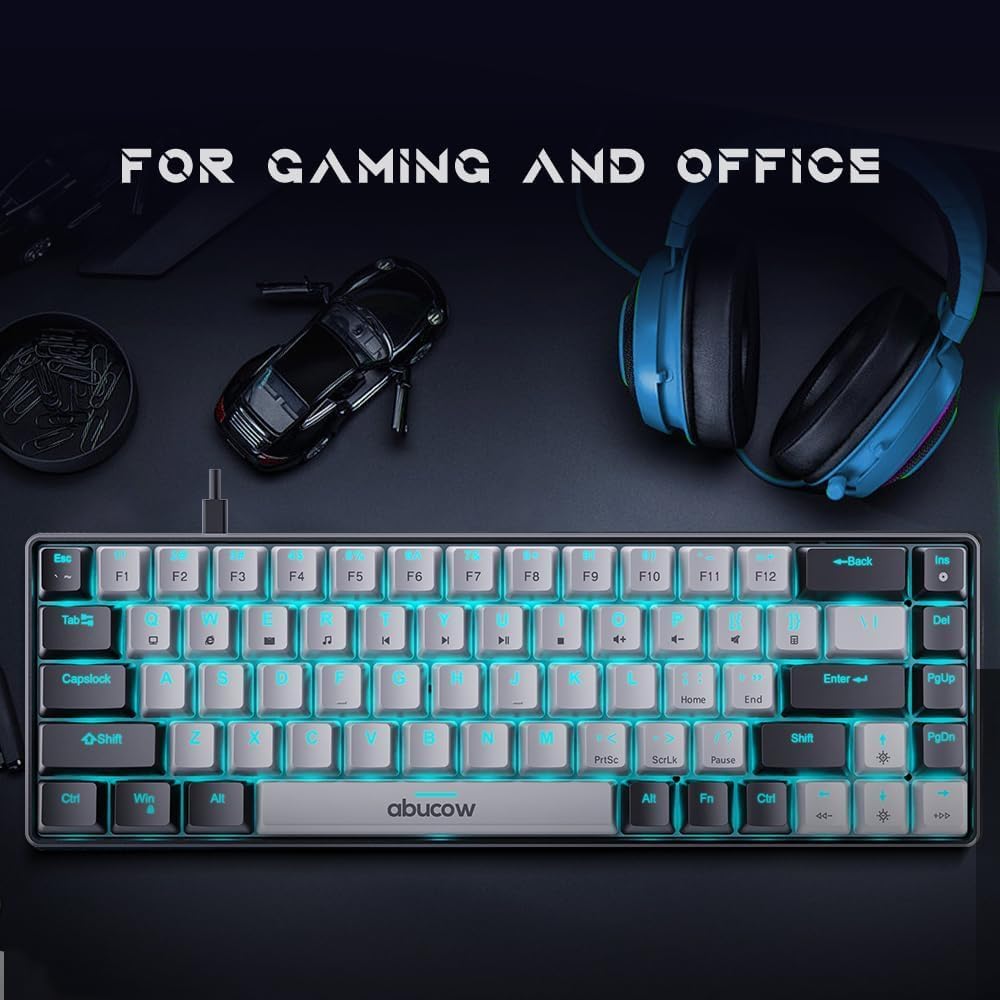 abucow 60% Mechanical Gaming Keyboard,Blue Switch Wired Compact Keyboard with Blue Backlight, Swappable Black Gray Keycaps, for Windows/Mac