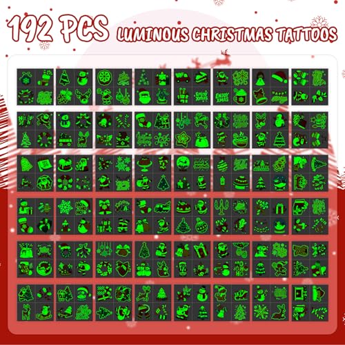 Christmas Tattoos for Kids Stocking Stuffers, 192 Styles Luminous Temporary Tattoo Stickers for Christmas Party Favors Decorations, Christmas Gifts for Kids Xmas Goodie Bag Fillers