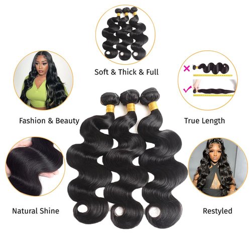 12A Body Wave Bundles 100% Unprocessed Brazilian Virgin Hair 18-22Inch 3 Bundles Double Weft Weave Real Human Hair Natural Black