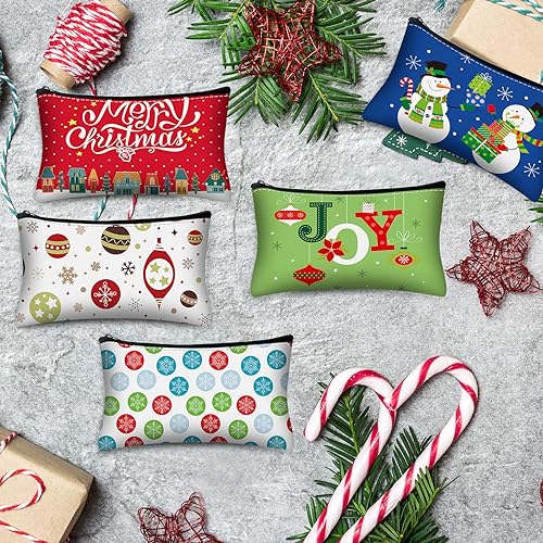 Paterr 24 Pcs 12 Sets Christmas Makeup Bags and 12 Pcs Christmas Keychains Set Snowman Canvas Gift Wallet for Women Holiday Portable Pouch Xmas Keychain for Party Xmas Gift