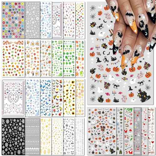 30 Sheets All Holiday Nail Art Stickers, Variety Pack Seasonal Nail Decals, Self-Adhesive Colorful Design for Daisy Flowers Butterflies Star Halloween Christmas
