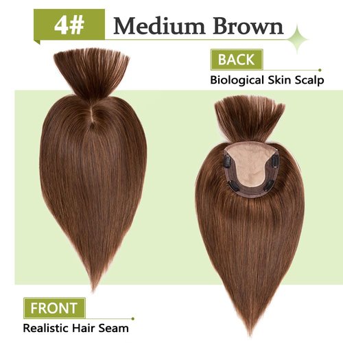 Lovenea 13x15cm Human Hair Topper with Bangs 12 Inch Straight Human Hair Silk Base 130% Density Clip In Toppers Hairpieces for Women With Hair Loss Thinning Hair Medium Brown(4#, 12 Inch)