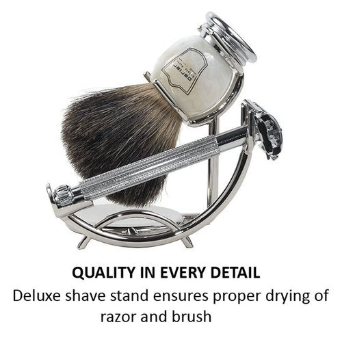 Parker 29L Safety Razor Shave Set - Includes Black Badger Brush, Stand & Parker 29L Butterfly Open Safety Razor