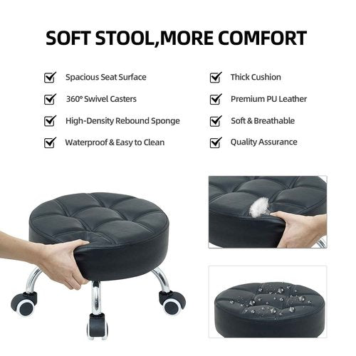 McDooFly Low Height Rolling Stool with Wheels - Heavy Duty 360° Swivel Low Stool Chair with Thickened Cushion Round Roller Seat Stools for Garage Shop Kitchen Home Office Salon Pedicure (Black)