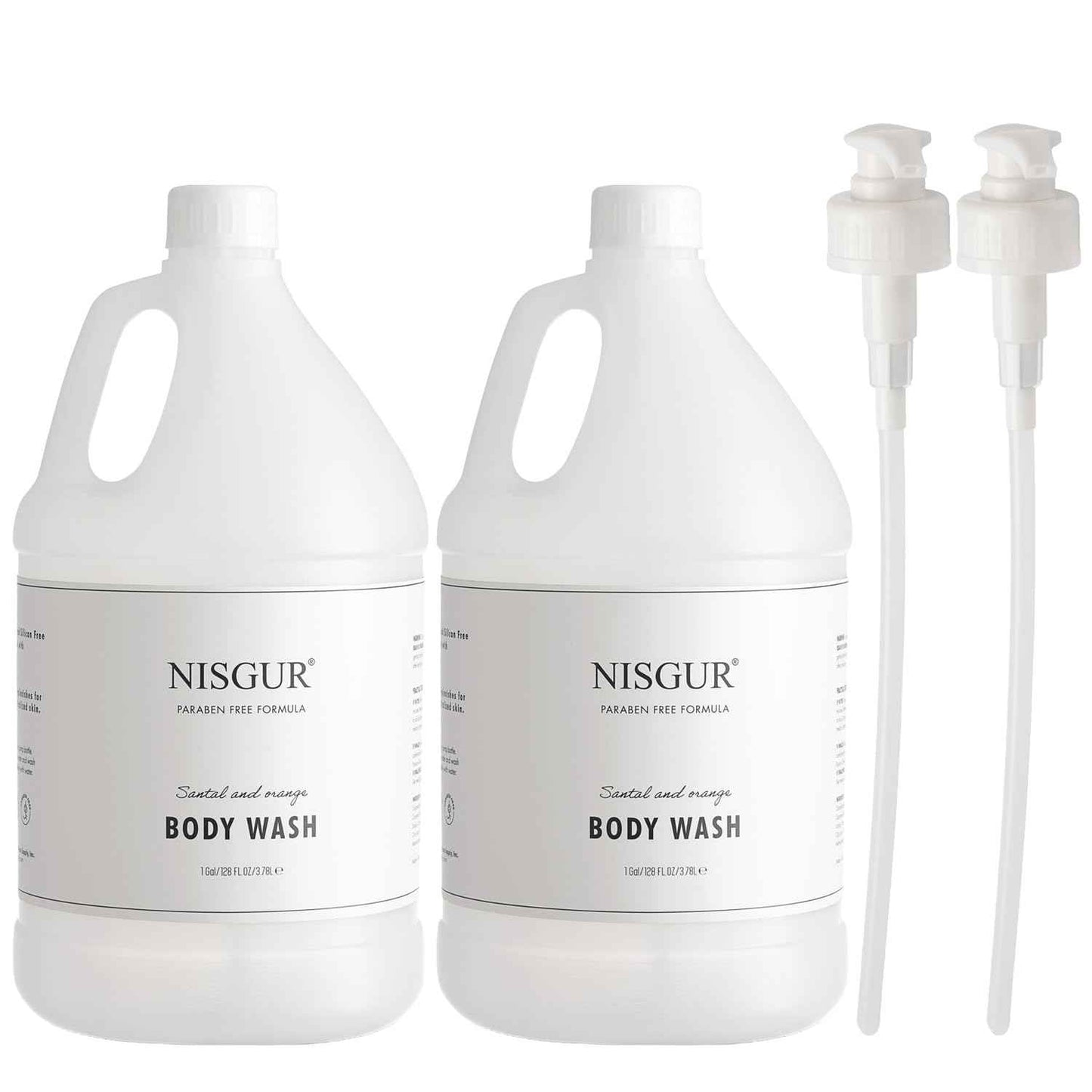 NISGUR Hotel Body Wash in Gallon Size 1 Gallon Each Total 2 Gallon Jugs with Extra Pump Dispenser to Refill Wall-mounted and Stand Dispenser Aloe vera, Green Tea Extract Infused Hotel Toiletries