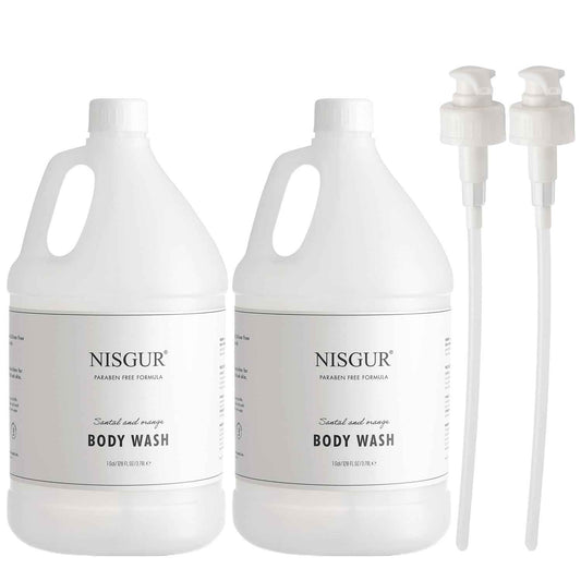 NISGUR Hotel Body Wash in Gallon Size 1 Gallon Each Total 2 Gallon Jugs with Extra Pump Dispenser to Refill Wall-mounted and Stand Dispenser Aloe vera, Green Tea Extract Infused Hotel Toiletries
