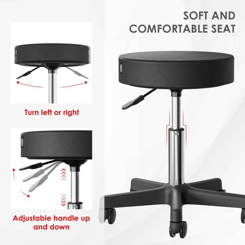 CLORIS Round Rolling Stool Hold up to 400 LBS Height Adjustable Swivel Chair Nylon Feet with Wheels for Spa, Massage, Salon, Home, Office, Medical, Tatoo, Bar Black