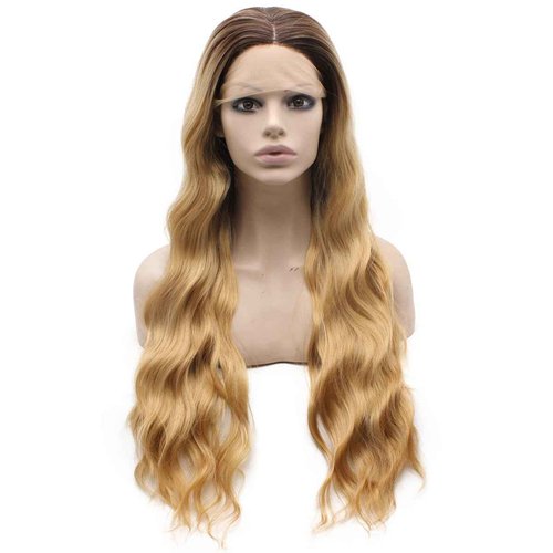 MX angel Long Wavy Blonde Ombre Synthetic Lace Front Two Tone Half Hand Tied Heat Resistant Fiber Hair Wig