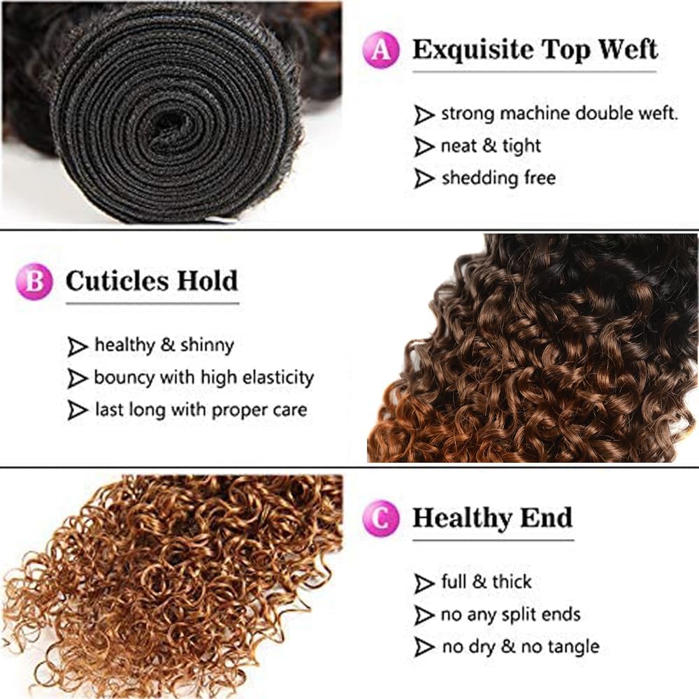 Habiliana Bundles Human Hair 18 20 22 Inch Jerry Curly Human Hair Bundles Omber Natural Chocolate Brown T1B/4/30 11A Unprocessed Brazilian Virgin Quick Weave Hair Extensions for Black Women