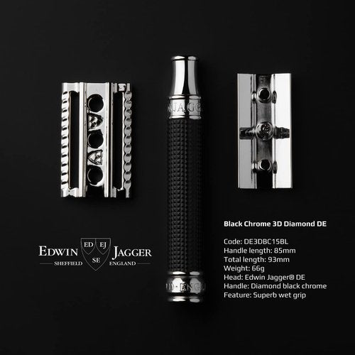 Edwin Jagger Double Edge Safety Razor With Long Handle (Blue) (Black Chrome Laser 3D Diamond)