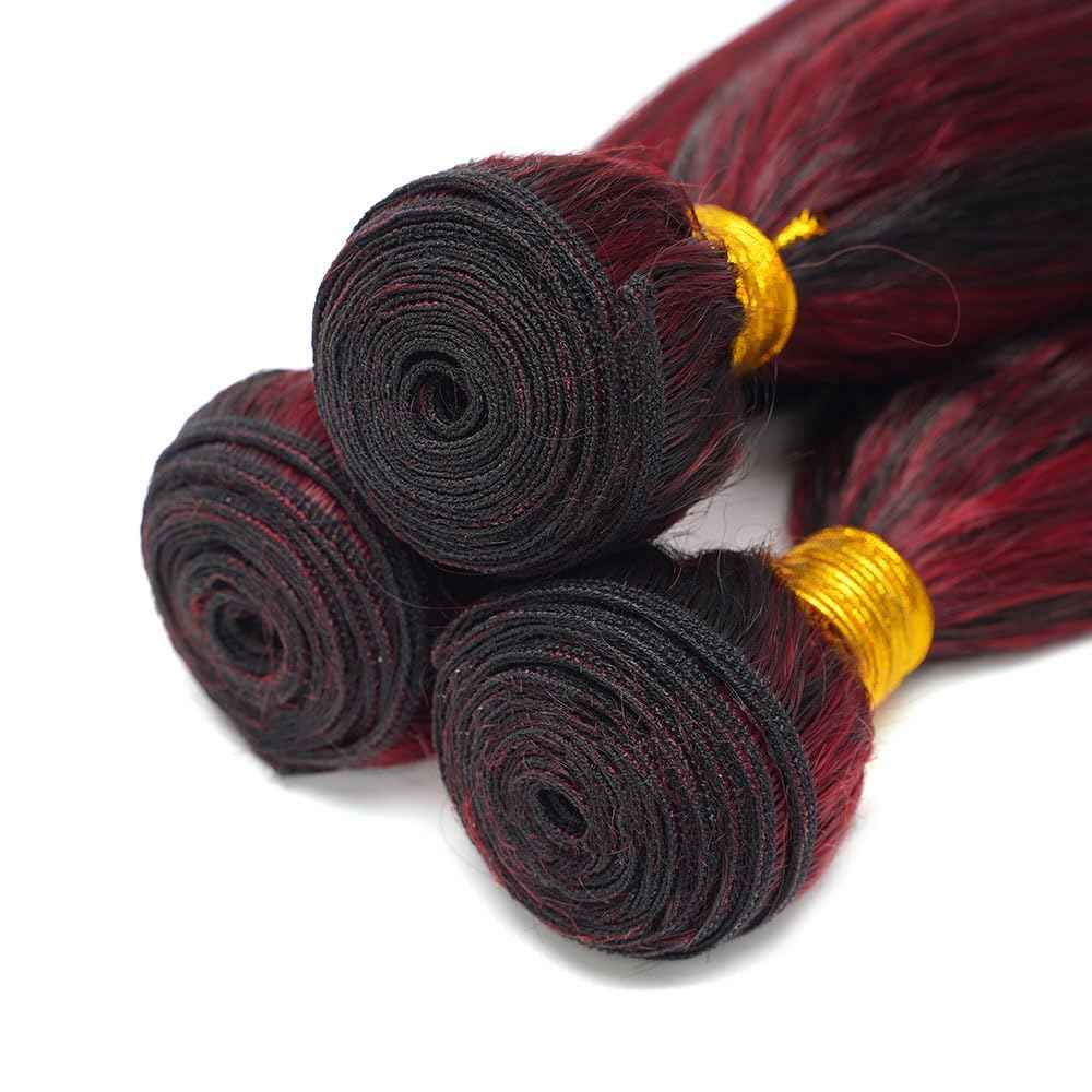 Highlight P1B99J Straight Bundles Ombre Burgundy Human Hair Bundles Grade 8A Brazilian Remy Hair Weaves Extensions Black Mixed With Wine Red Color For Women 10 12 14 Inch
