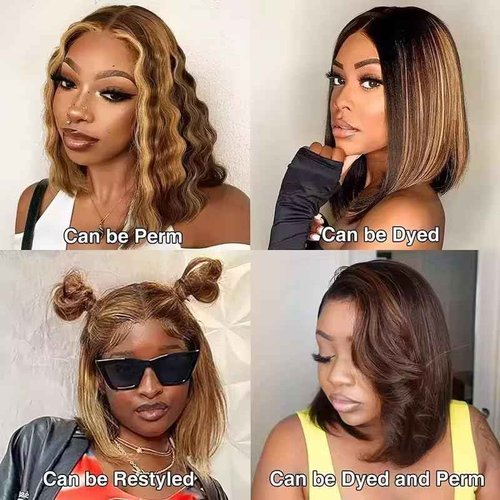 mianduan Highlight Bob Wigs Human Hair 13x4 Frontal Lace Wig 4/27 Honey Blonde Bob Wigs 12inch Glueless Wigs Human Hair pre plucked pre cut 180% Density 12A Short Wigs for Women Human Hair