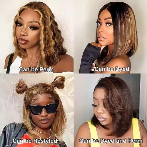mianduan Highlight Bob Wigs Human Hair 13x4 Frontal Lace Wig 4/27 Honey Blonde Bob Wigs 14inch Glueless Wigs Human Hair pre plucked pre cut 180% Density 12A Short Wigs for Women Human Hair