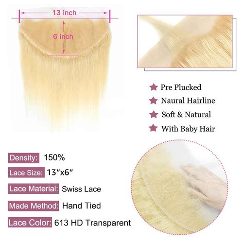 MSTOXIC 613 Frontal Straight 13x6 Transparent HD Lace Frontal Closure 12A Brazilian Virgin Remy Hair Free Part Ear to Ear Blonde Frontal Human Hair For Women Pre Plucked With Baby Hair 150% 18 Inch