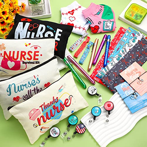 72 Pcs Christmas Nurses Gifts Bulk Nurses Week Appreciation Gift Women with Socks Makeup Bags Penlight Badge Reels Headband Bracelet Hair Rope for Employees Doctors Team Nursing Pharmacists Staff
