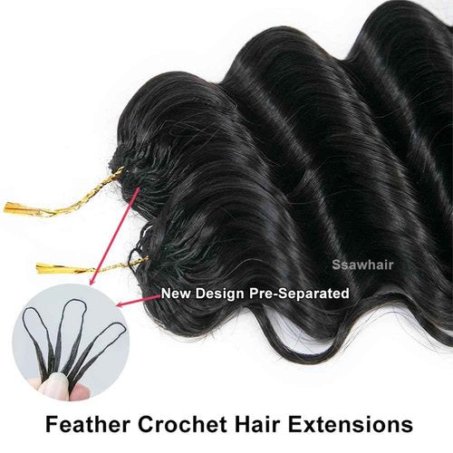 Ssawhair Deep Wave Crochet Human Hair Knotless Pre-Separated Deep Curly Human Hair With String Pre-Looped Reusable Feather Crochet Hair Extensions 16Inch 120g 100Strands