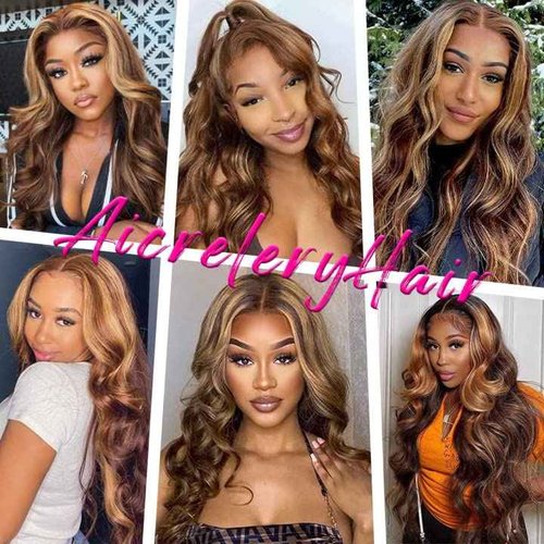 Aicrelery 4/27 Highlight 13x6 Lace Front Wigs Human Hair 13x6 Honey Blonde HD Lace Front Wig Pre Plucked with Baby Hair 180% Density Highlight Ombre Body Wave Lace Frontal wig for Women 20 Inch