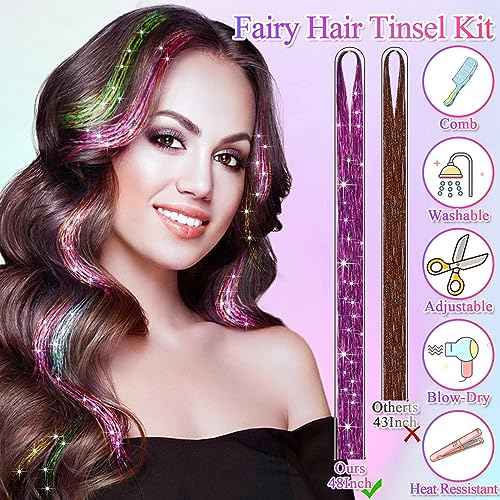 25Colors Fairy Hair Tinsels Kit 5000 Hair Glitter Strands 48Inch Heat Resistant Tinsel Hairs Extension Sparkling Shiny Highlights Hairs Tinsel with Tools for Christmas Halloween New Year Cosplay Party