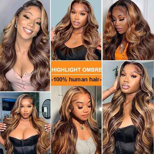 MAXTASK Highlight Ombre Lace Front Wig Human Hair 13x4 HD Transparent 180% Density Body Wave Wigs Human Hair with Baby Hair Pre Plucked for Women 4/27 Honey Blonde Lace Frontal Colored Wigs (26Inch)