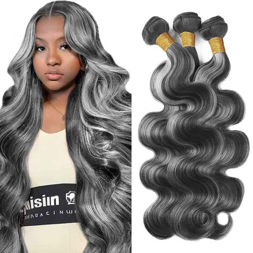 Fridnae Hair Highlight Bundle P1BGray Body Wave Human Hair Bundles 8A Grade Two Tone Black Mixed With Silver 3 Bundles 28 30 32 Inch Gray Body Wave Bundle