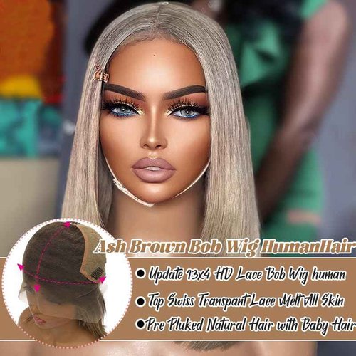 Smavida Ash Blonde HD Transparent Blunt Cut Ash Blonde Bob Wig Human Hair Pre Plucked 13x4 Blonde Lace Front Wigs with Baby Hair Hairline 100% Unprocessed Human Virgin Hair Glueless Bob Wigs