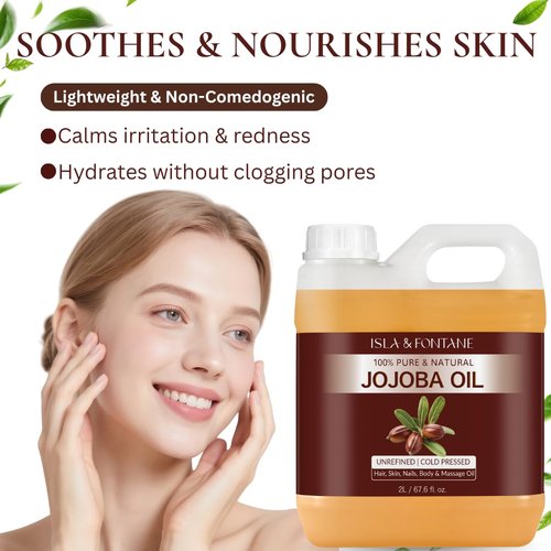 ISLA & FONTANE Jojoba Oil Set – 67.6 Fl Oz (2L) | 100% Pure & Natural | Golden, Unrefined, Cold Pressed | 2 Dropper Bottles & Massager | Hexane-Free Carrier Oil for Skin, Hair, Face, Nails & Body