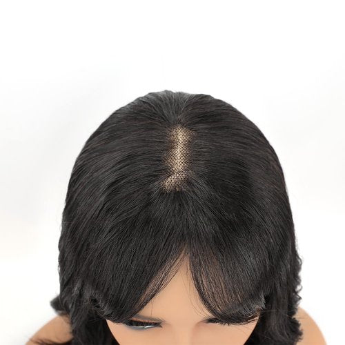 BLISSHAIR Natural Wavy Human Hair Wigs with Bangs Black Loose Wave Wigs for Women None Lace Front Wigs Loose Body Bob Wig Brazilian Virgin Human Hair Glueless Loose Curly Wig for Daily (14 Inch)