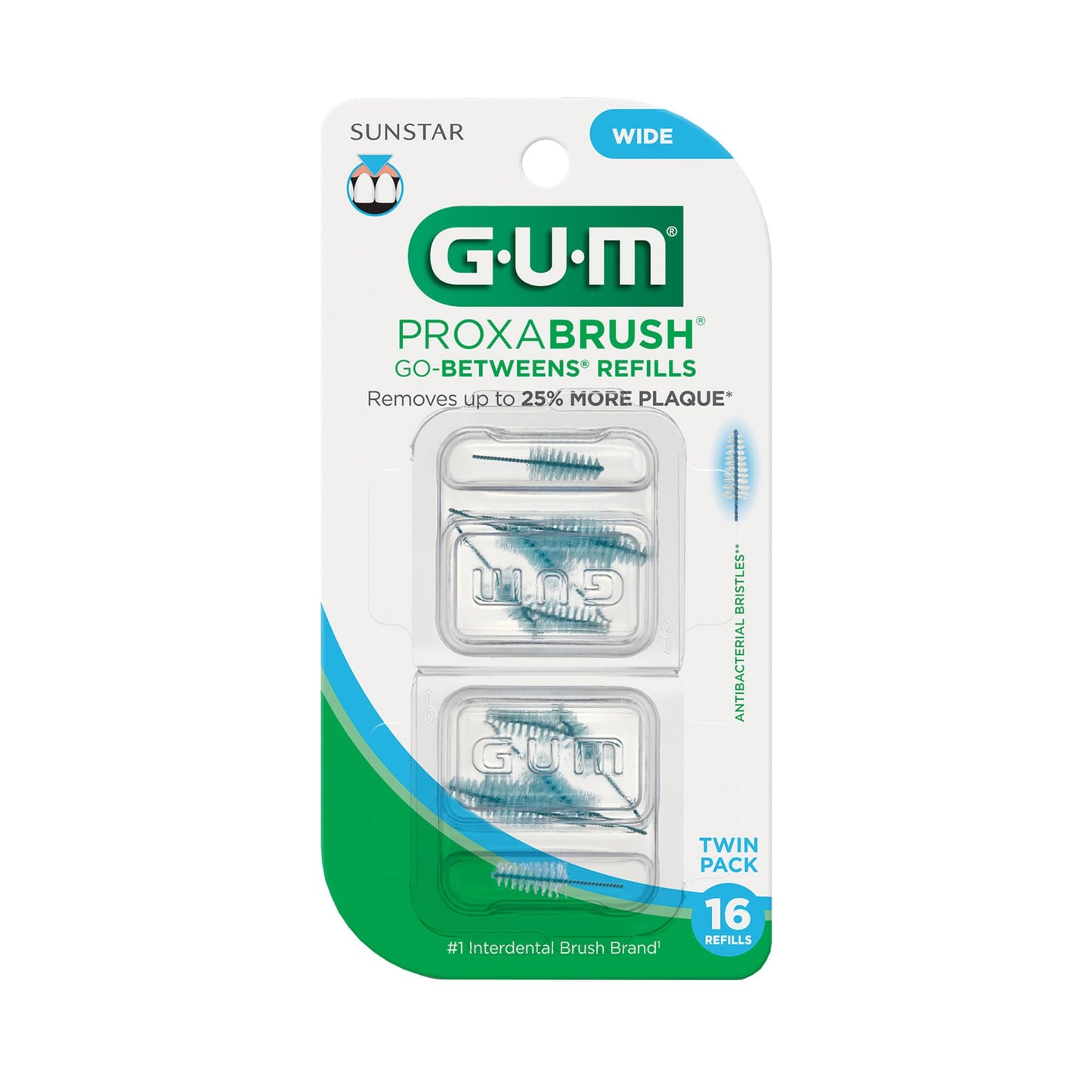 GUM Proxabrush Go-Betweens Refills - Wide - Compatible with GUM Permanent Handle - Reusable Interdental Brushes - Soft Bristled Dental Picks, 16ct (6pk)