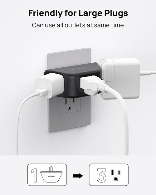 TROND Outlet Extender - 3 Prong Grounded Plug Extension Outlet, 3 Way Angled Wall Plug Splitter, Cruise Ship Essentials, Multiple Expander with 3 Electrical Sockets for Bathroom, Kitchen, Black