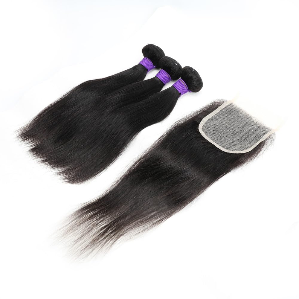 Human Hair 3 Bundles with Closure Straight 100% Unprocessed Virgin Brazilian Hair Bundles with 4x4 Lace Closure Free Part, Double Weft 10A Hair Weave Extensions (16" 16" 16" + 12" Closure)