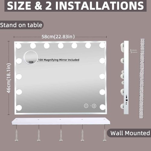 Hansong Vanity Mirror with Lights and Bluetooth Speaker 22.8''x18.4'' Lighted Makeup Mirror with 15 LED Bulbs Hollywood Vanity Mirror with 3 Lighting Modes USB Charging and 10x Magnification