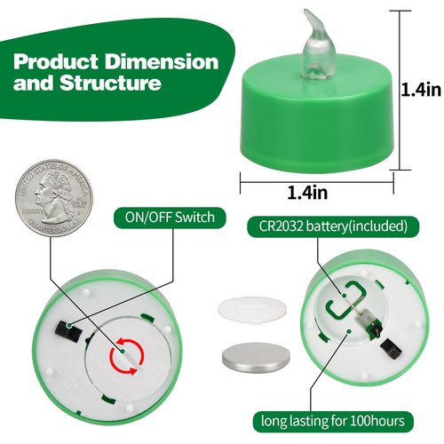 KOABY 12 Pack Green Light Non-Flickering Flameless Tea Lights, Green Base, Last 100H+, Battery Operated Tea Lights for Decor