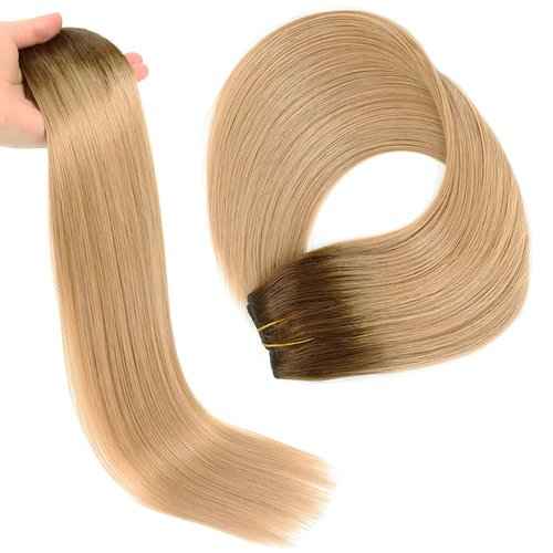 Hair Extensions 20 Inch Hair Extensions Real Human Hair Chocolate Brown to Caramel Blonde Straight Hair Extension Human Hair Extension Transparent Fish Line Invisible Hairpiece