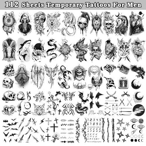 Cerlaza 112 Sheets Temporary Tattoos for Adult Men, Fake Tattoos for Neck Arm Finger, Tatuajes Temporales Tiger Wolf Lion Dragon Halloween Tattoo Stickers