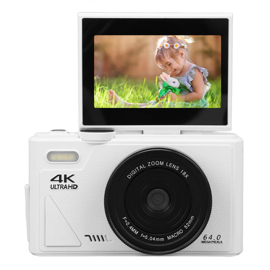 64MP 4K Digital Camera with 18X Zoom and 3 Inch Flip Screen, Auto Focus Compact Digital Camera for Photography and Video, Perfect for Travel Vlogging and Filming
