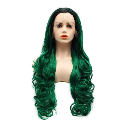 LUSHY BEAUTY Hair Synthetic Lace Front Wig Wavy Long 26inch Dark Root Green Ombre Heavy Density Heat Resistant Realistic Wig