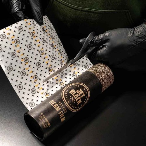 Jet Black Derm Film Tattoo Aftercare Wrap (10" x 8 yd) – Breathable Waterproof Adhesive Bandage with Triple-Score Backing, Easy-Dispense Tube, Hypoallergenic Tattoo Healing Film