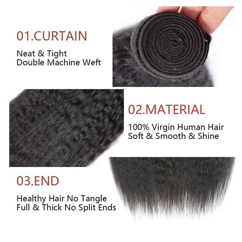 Yaki Straight Bundle Natural Black Human Hair 3 Bundles Kinky Straight Brazilian Unprocessed Virgin Hair Extensions Double Weft Bundle For Women 26 28 30 Inch
