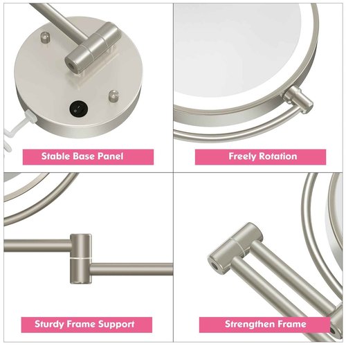 FASCINATE Upgraded Wall Mounted Makeup Mirror with Lights, Super Large Double Sided 1X/10X Magnifying Mirror for Bathroom, 360° Swivel Extendable Plug Touch Sensor Vanity Mirror