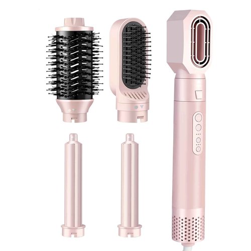 High-Speed 5 in 1 Hair Styler with Auto Curling Iron, Straightener & Volumizing Hot Air Brush |Fast Drying Ionic Blowout, No Heat Damage | Travel & Home Styling Tool (Pink-New)
