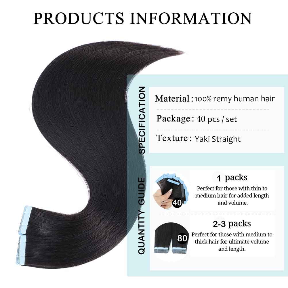 40PCS Tape in Hair Extensions Human Hair Yaki Straight Tape Ins Human Hair Extensions for Women Seamless Tape in Hair Extension Real Human Hair for Daily/Wedding/Party 80g/Pack(1B#, 14 Inch)